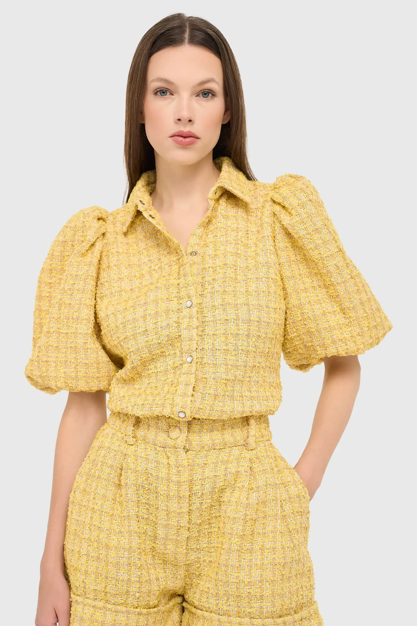 Blouse Dames Pof Mouw Tweed Lars Geel