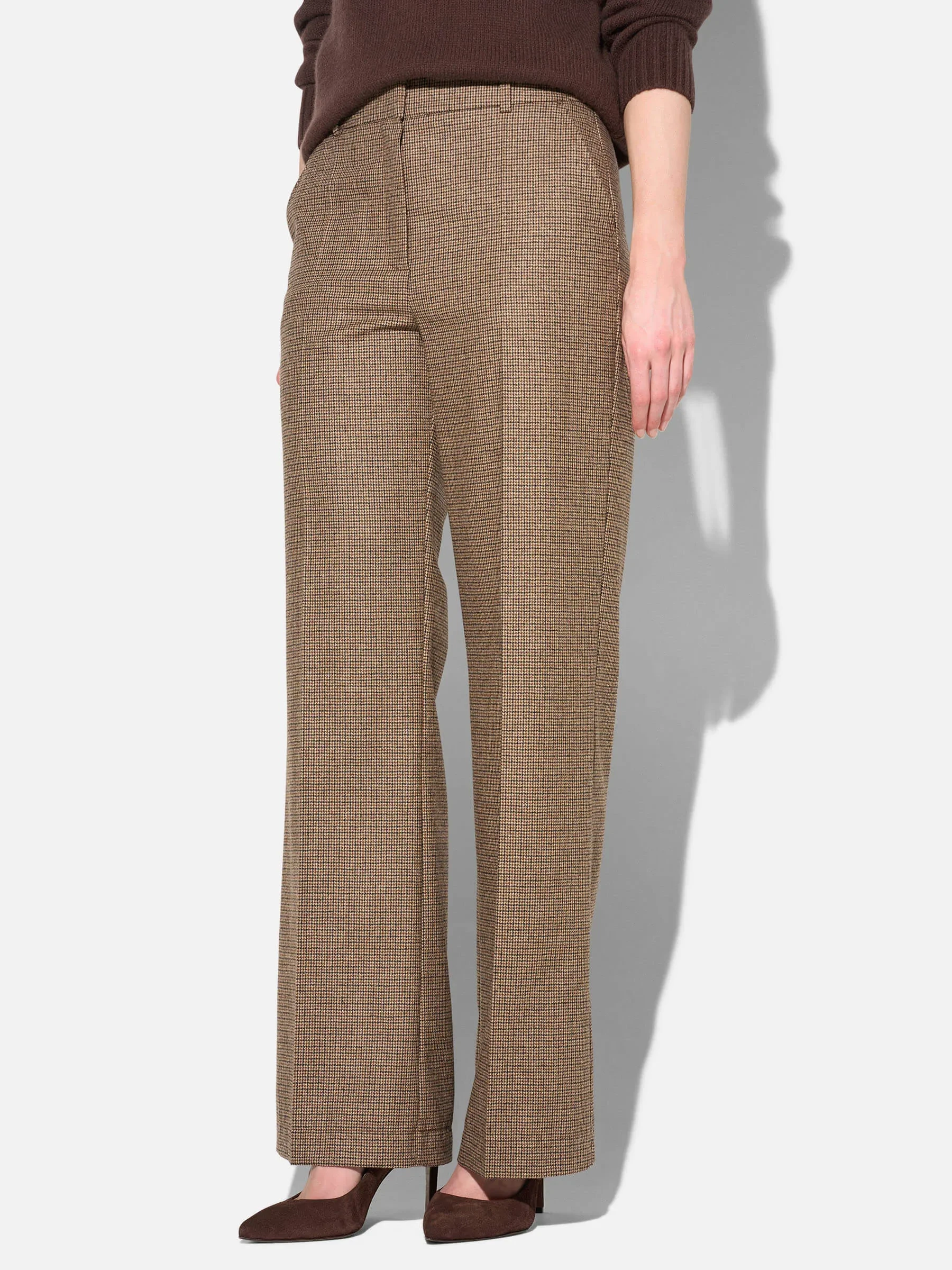 Broek Dames Rechte Wijde Pijp Bruin Kleine Ruit Emil