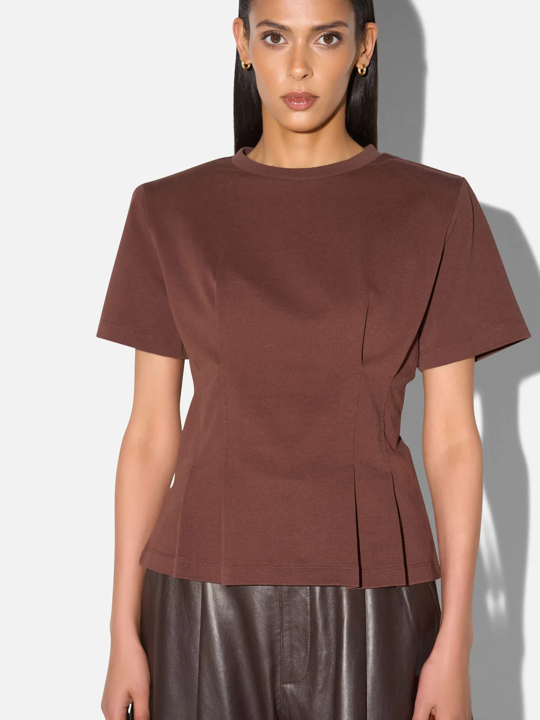 Bruin Katoenen Dames Shirt Plooien Taille Keon