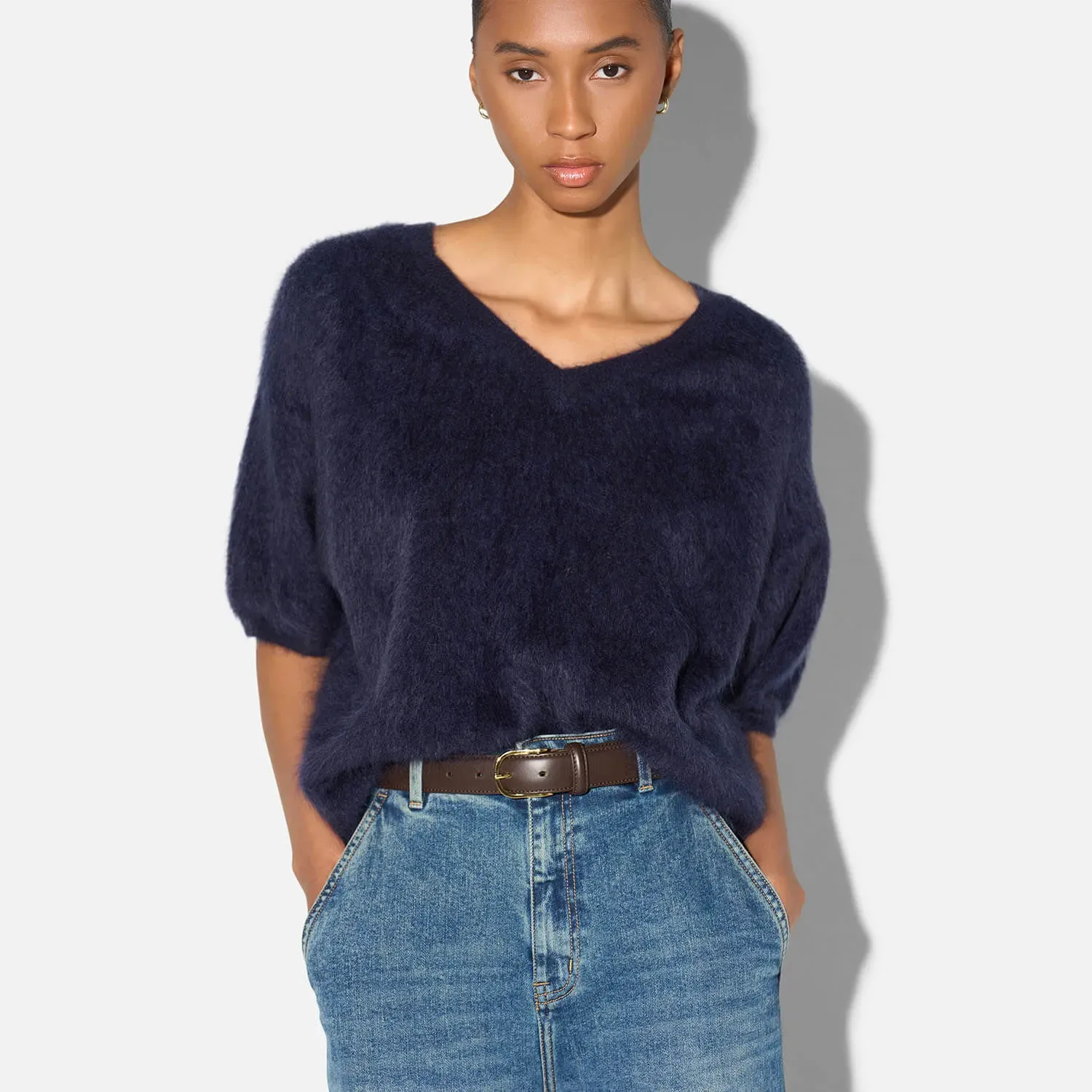 Brushed Cashmere Dames Trui V Hals Romeo Blauw