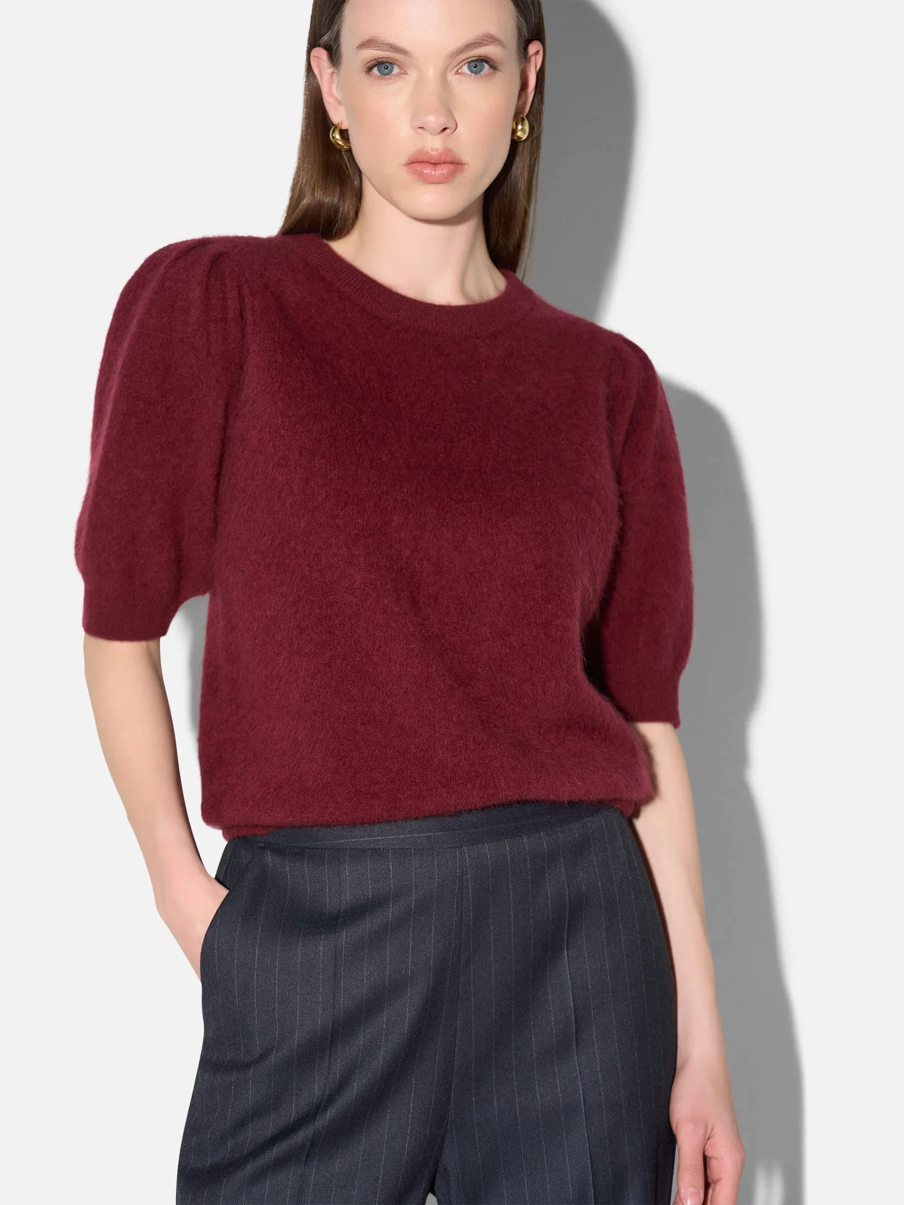 Dames Trui Ronde Hals Pofmouw Gebrushed Merino Wol Peyton Burgundy