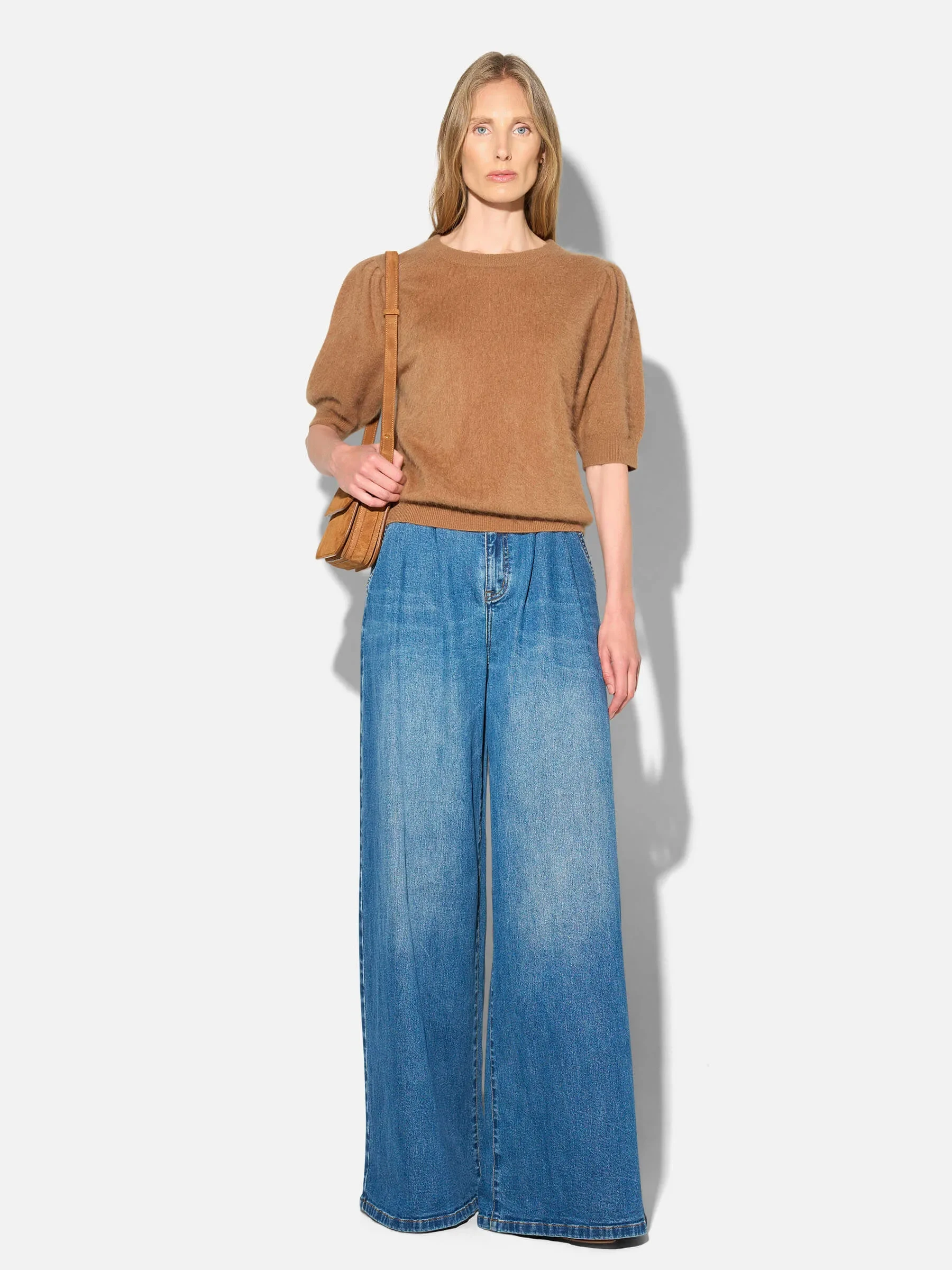 Dames Trui Ronde Hals Pofmouw Gebrushed Merino Wol Peyton Camel