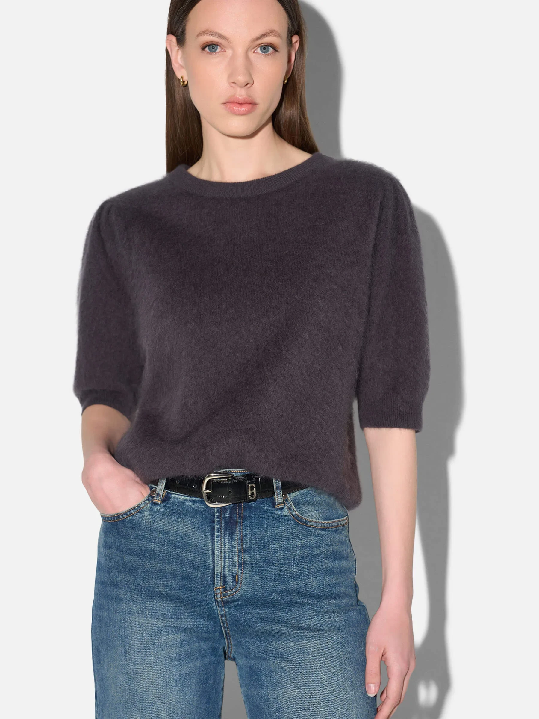Dames Trui Ronde Hals Pofmouw Gebrushed Merino Wol Peyton Grijs