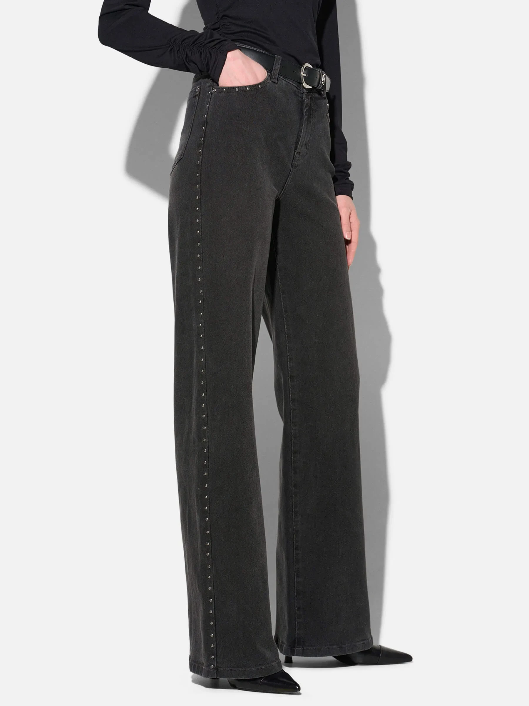 Jeans Dames Rechte Pijp Studs Mid Rise Stretch Luxx Black 813