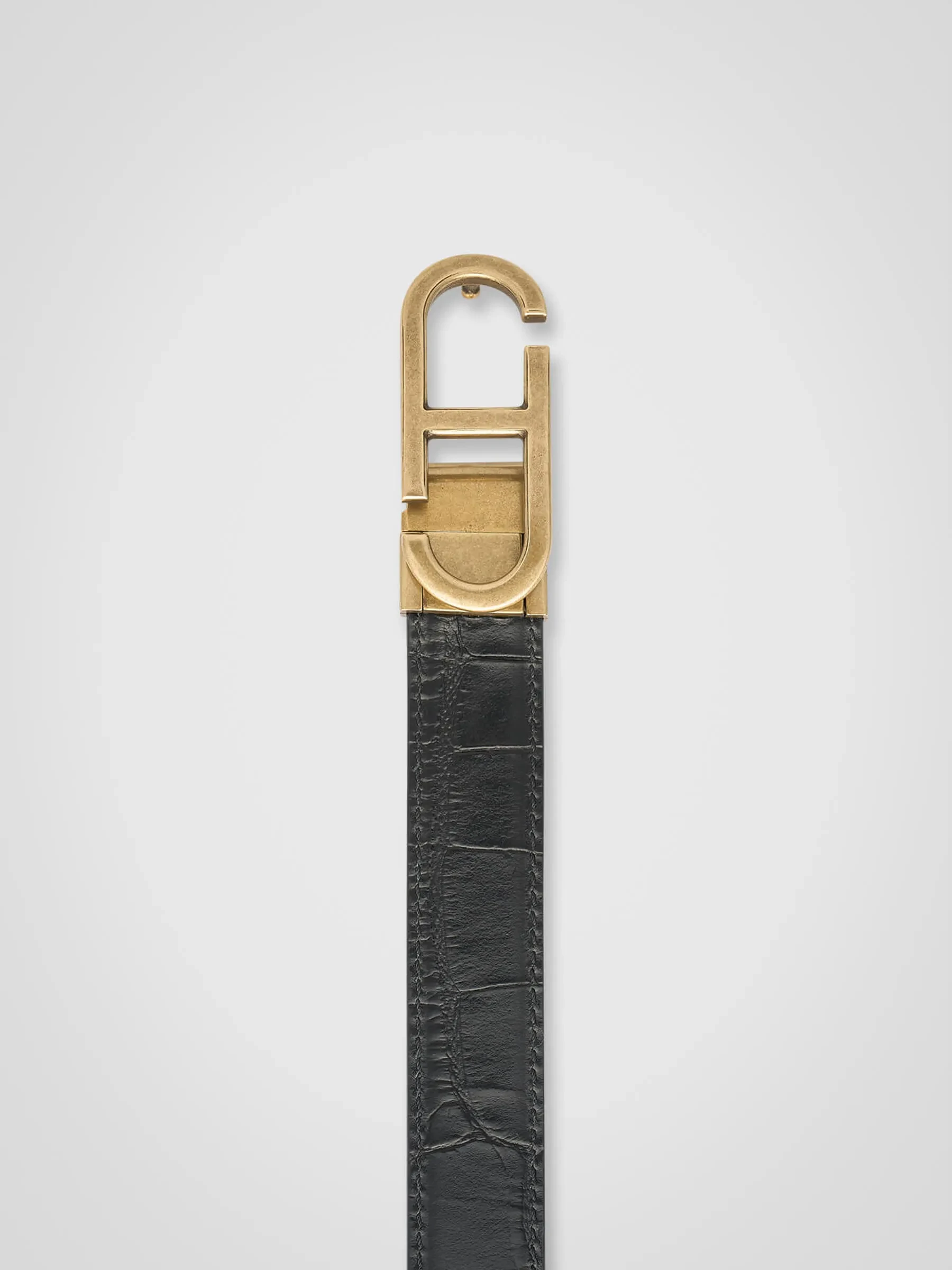 Leren Dames Riem Reversible Zwart Croco Brass Trophy Buckle