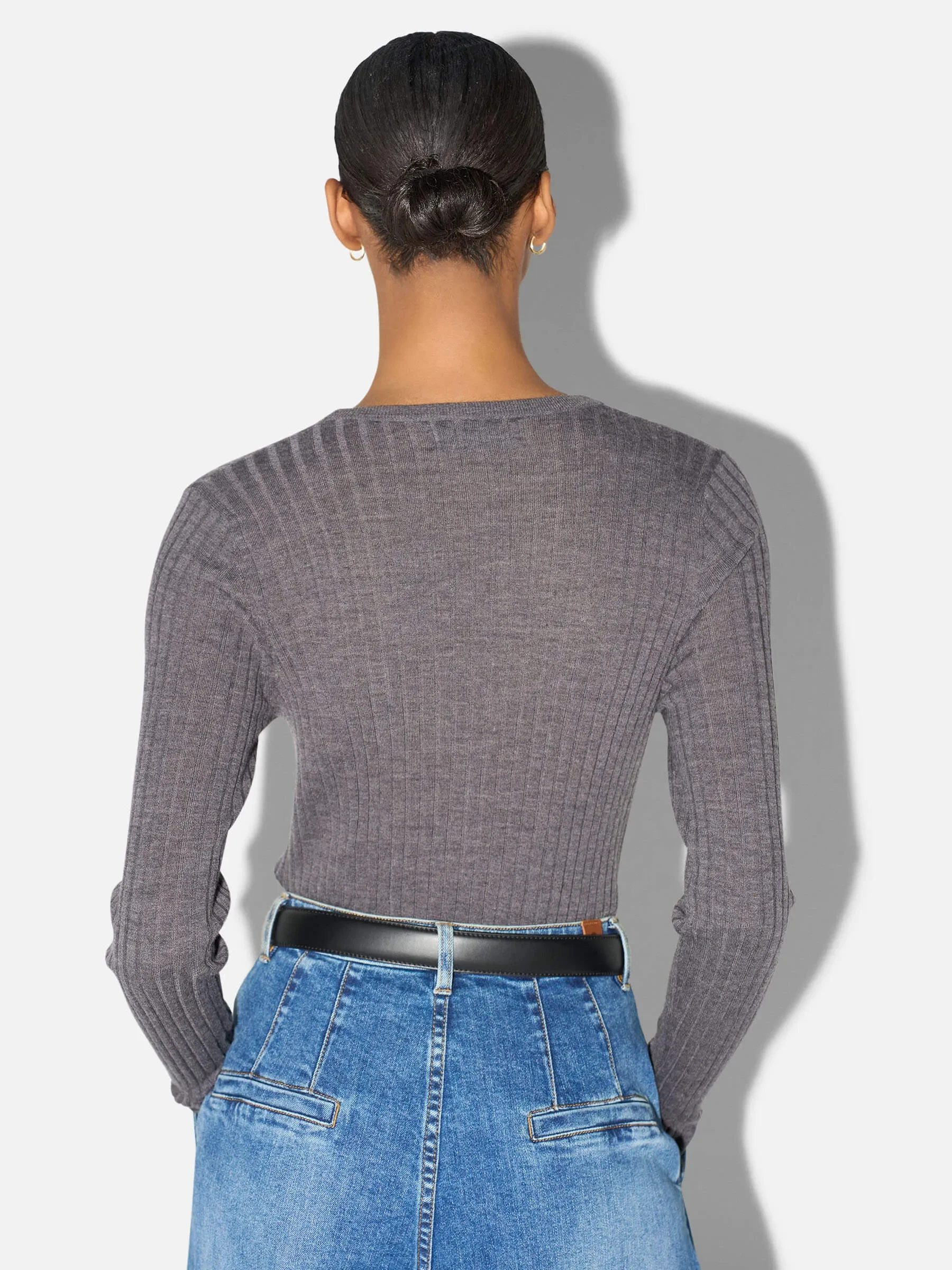 Merino Wollen Rib Truitje Lange Mouw Lyle Grijs