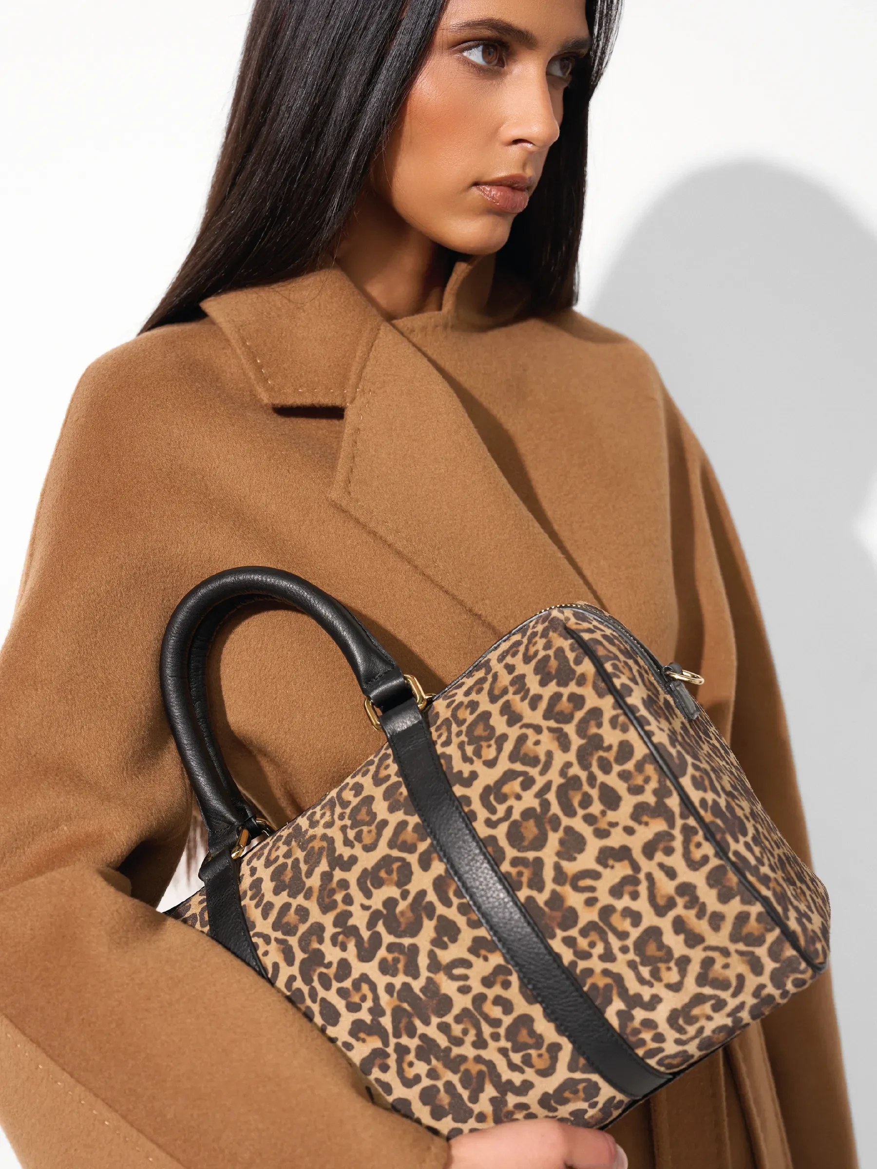 Leren Dames Tas Bowling Bag Suede Wade Panterprint