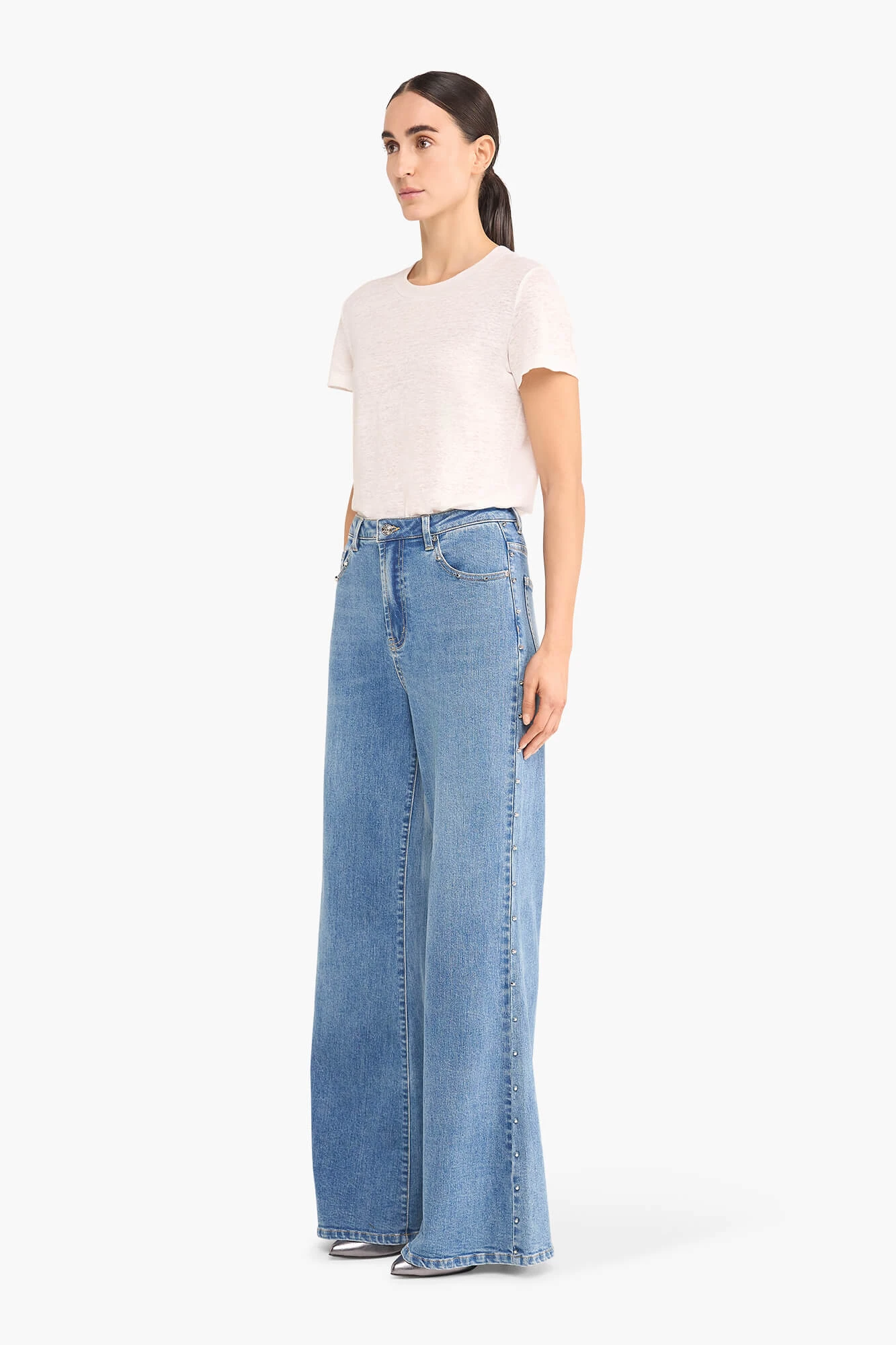 High Rise Wijde Leg Jeans Studs Mason Blauw 028